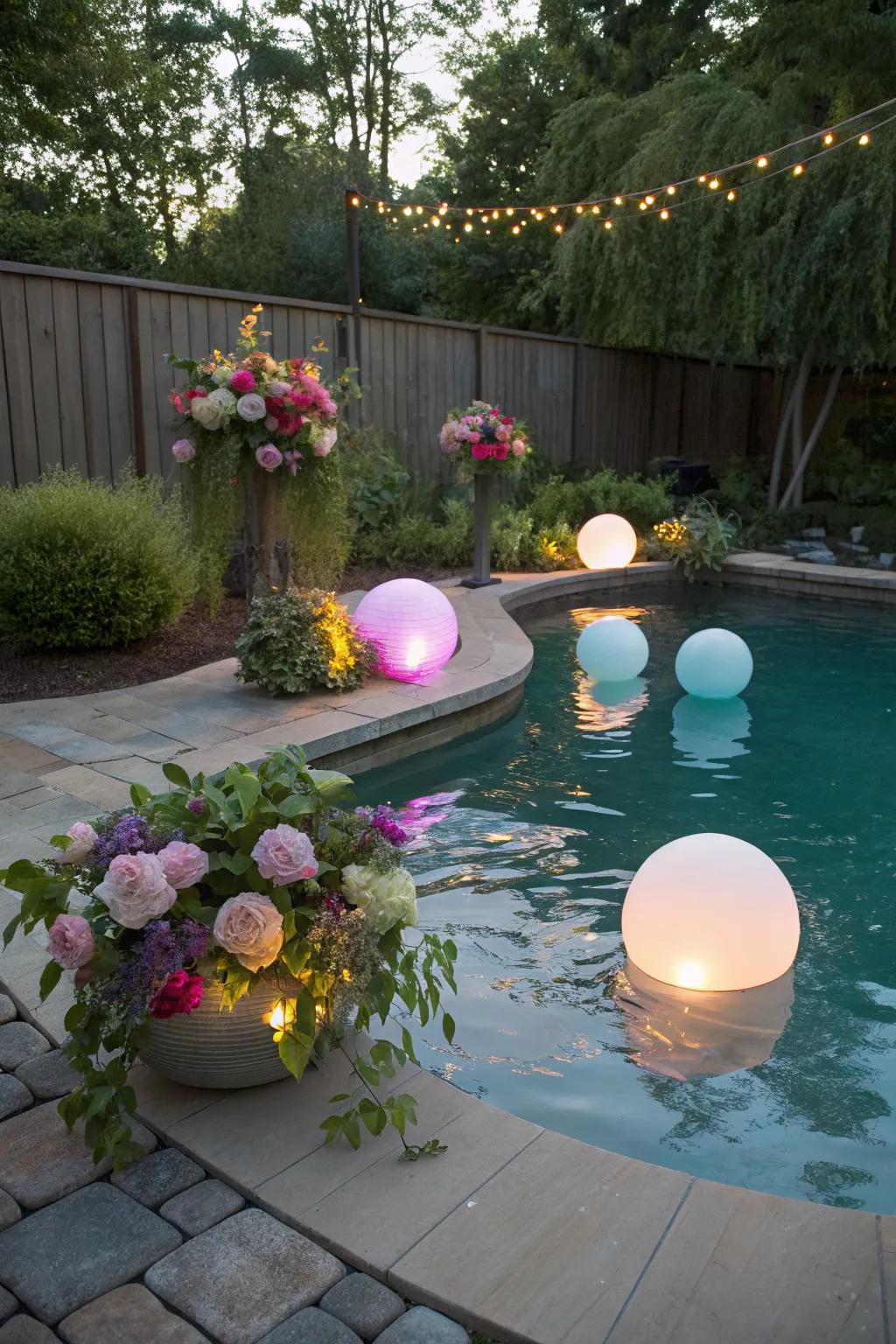 Floating décor adds a whimsical and elegant touch to any pool setting.