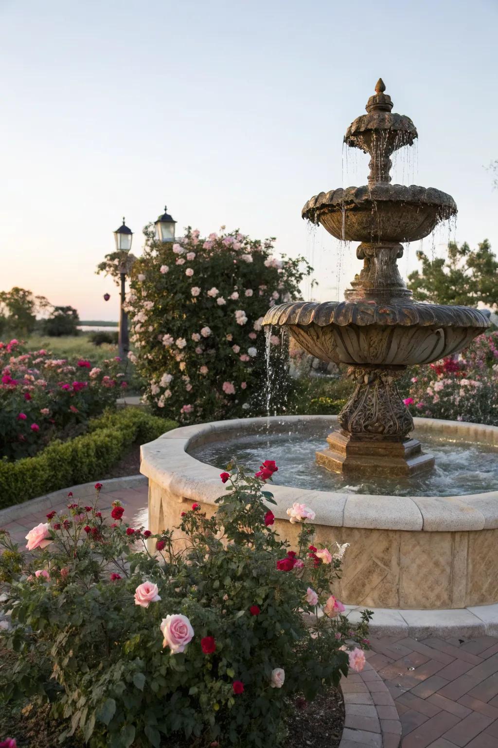 A fountain adds soothing sounds and elegance to your rose garden.