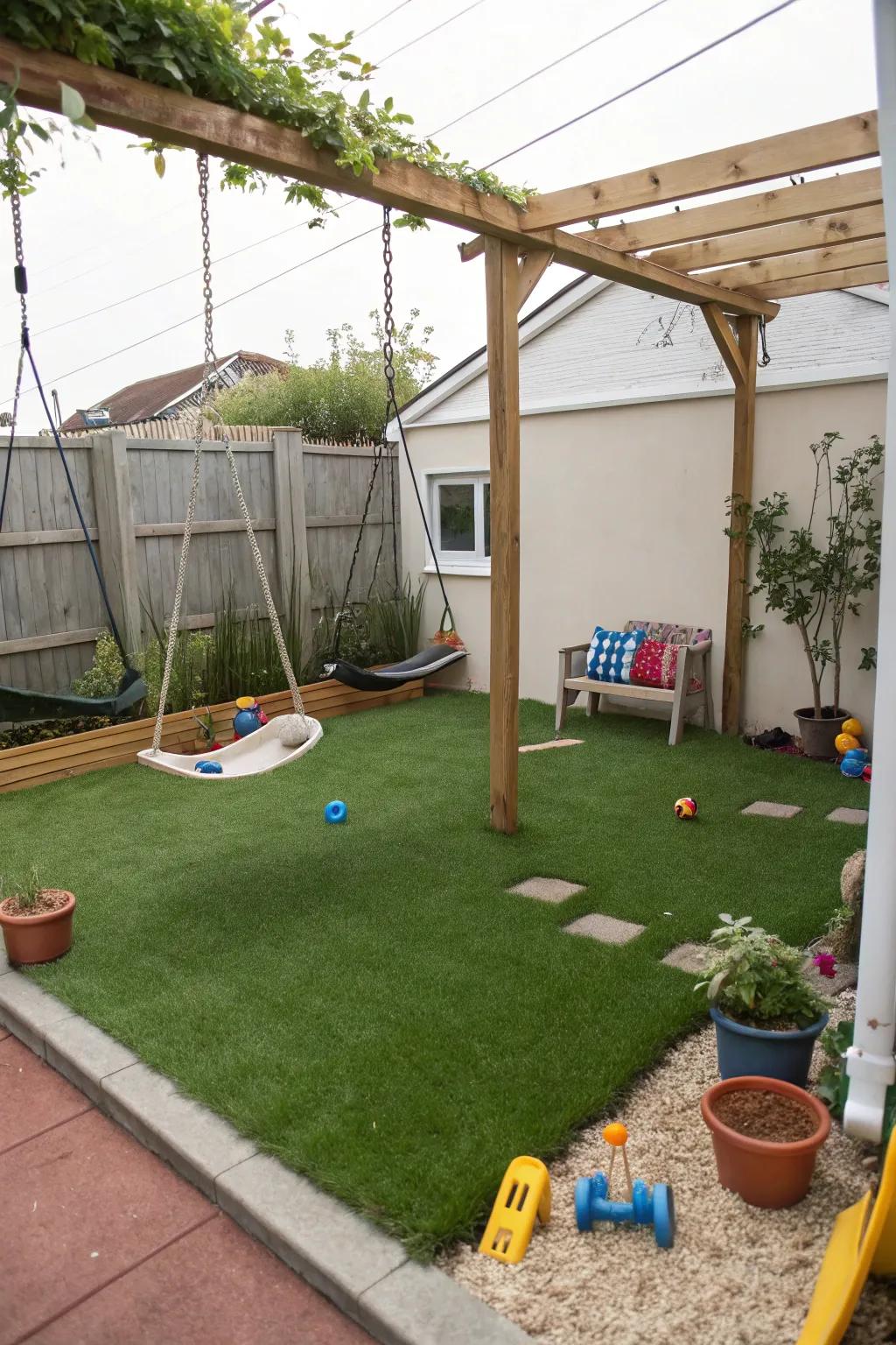 A kids' play area on turf is both fun and safe.