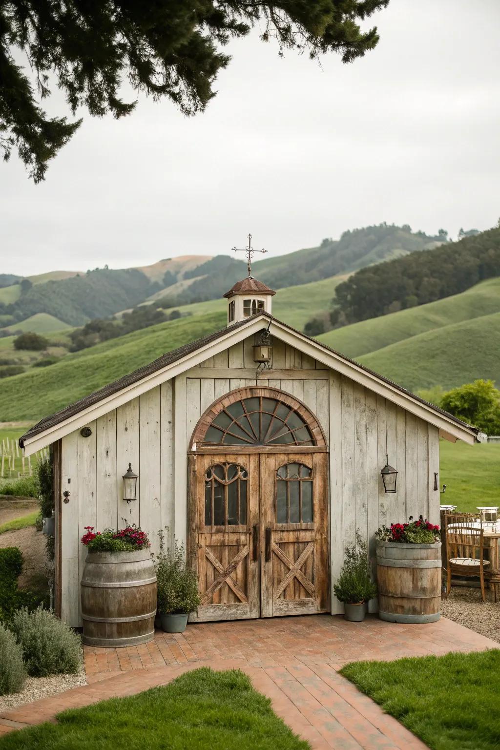 Vintage doors add character and charm to this small barn.