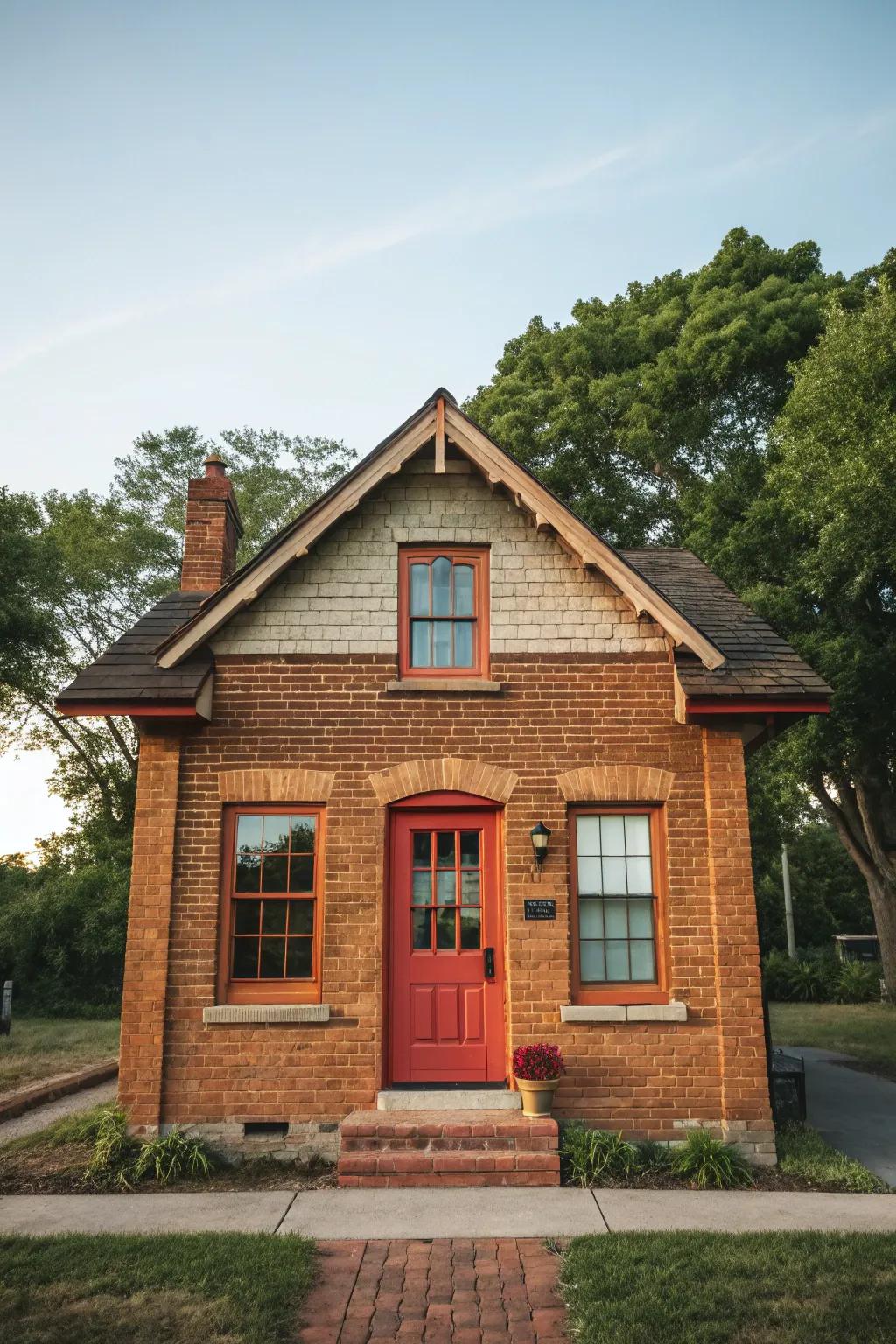 A small brick house featuring a bold-colored door that adds a pop of color.