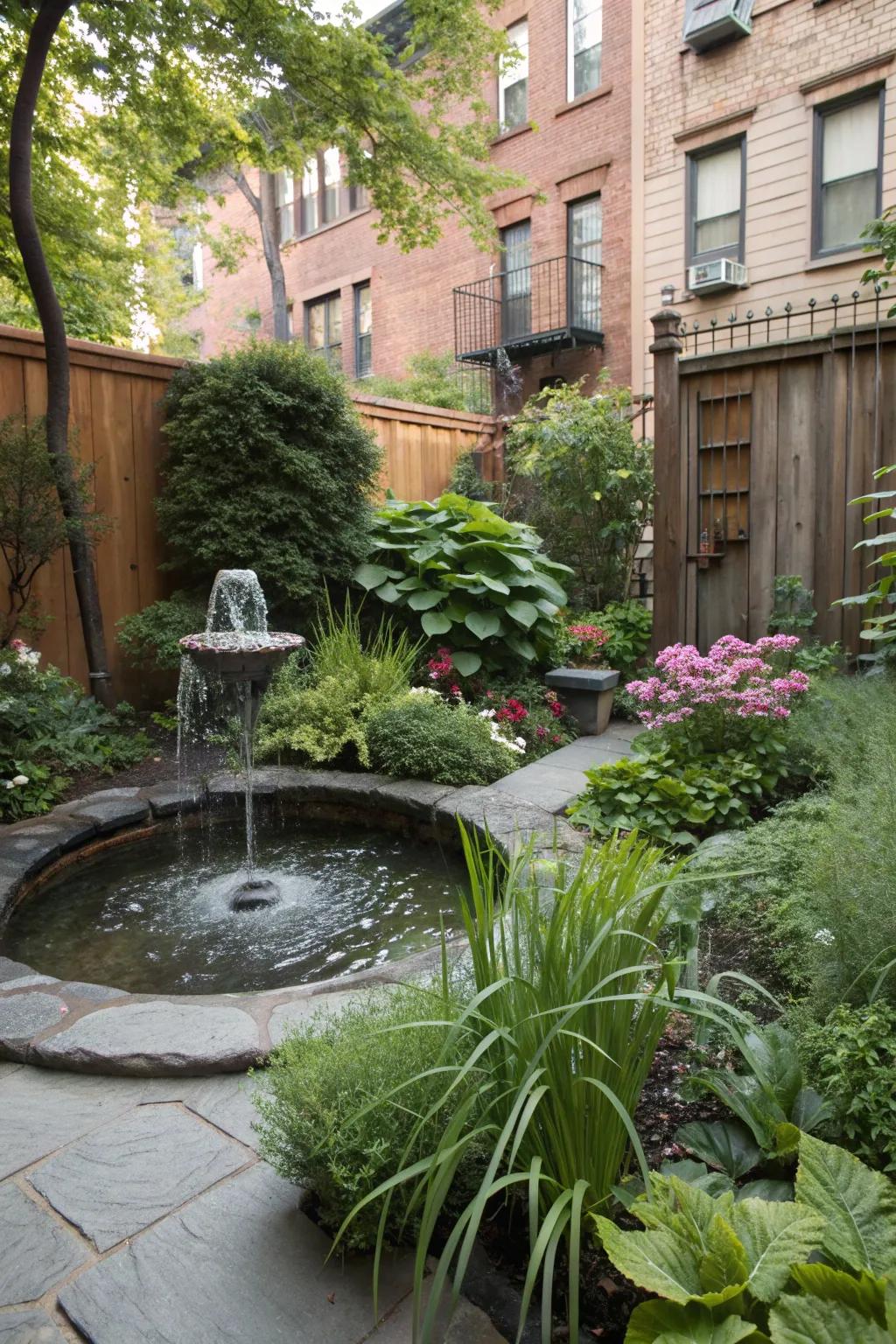 Water features add tranquility and a soothing sound to small gardens.
