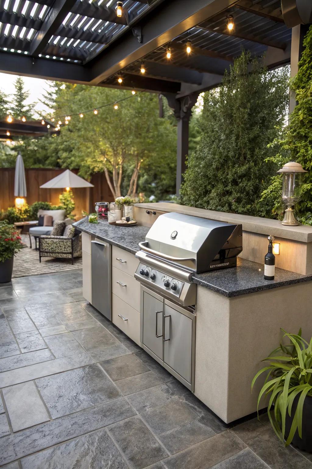 A compact island provides a functional and stylish grilling center.