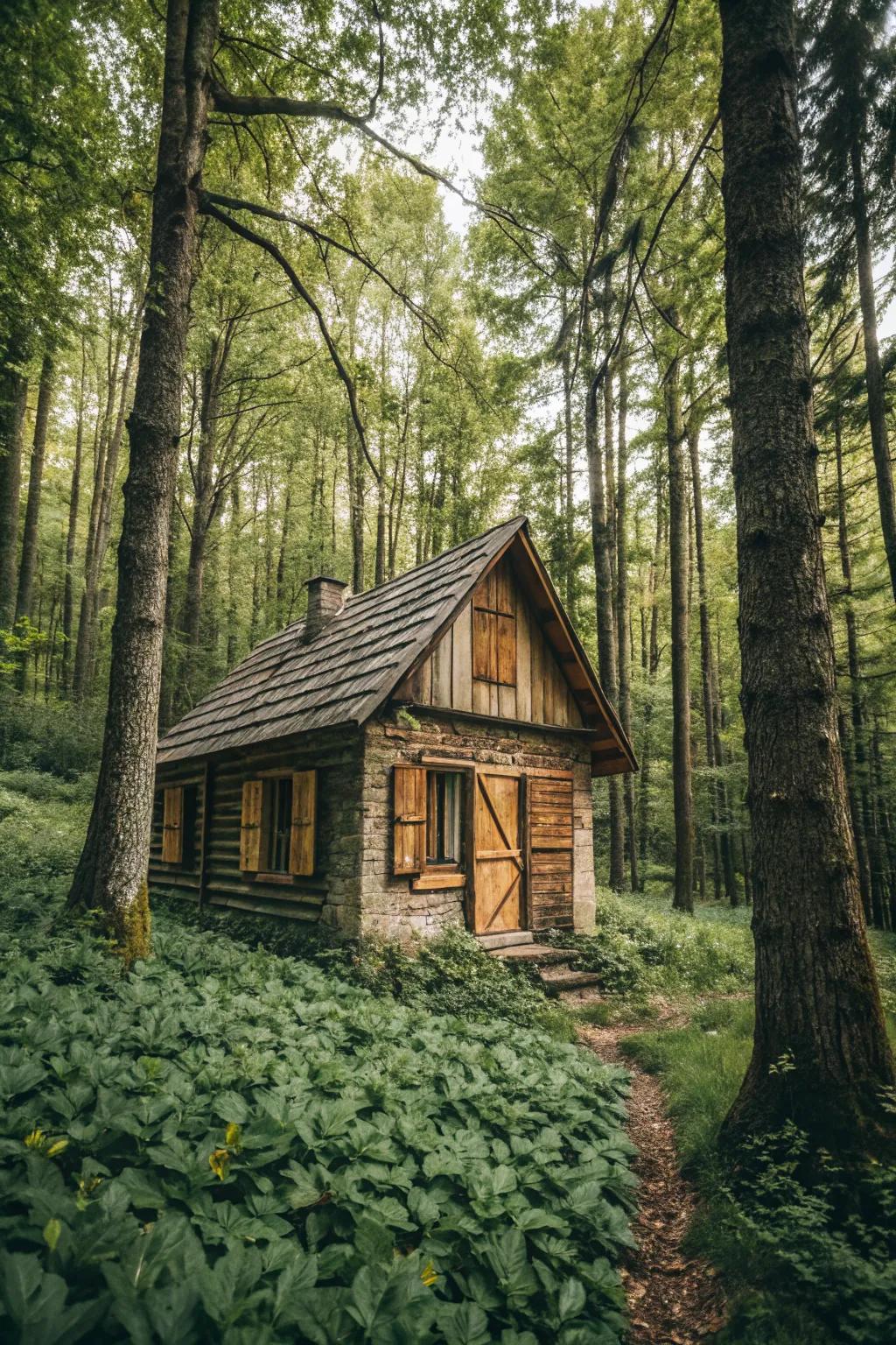A charming cabin with rustic shutters that enhance its quaint appeal.