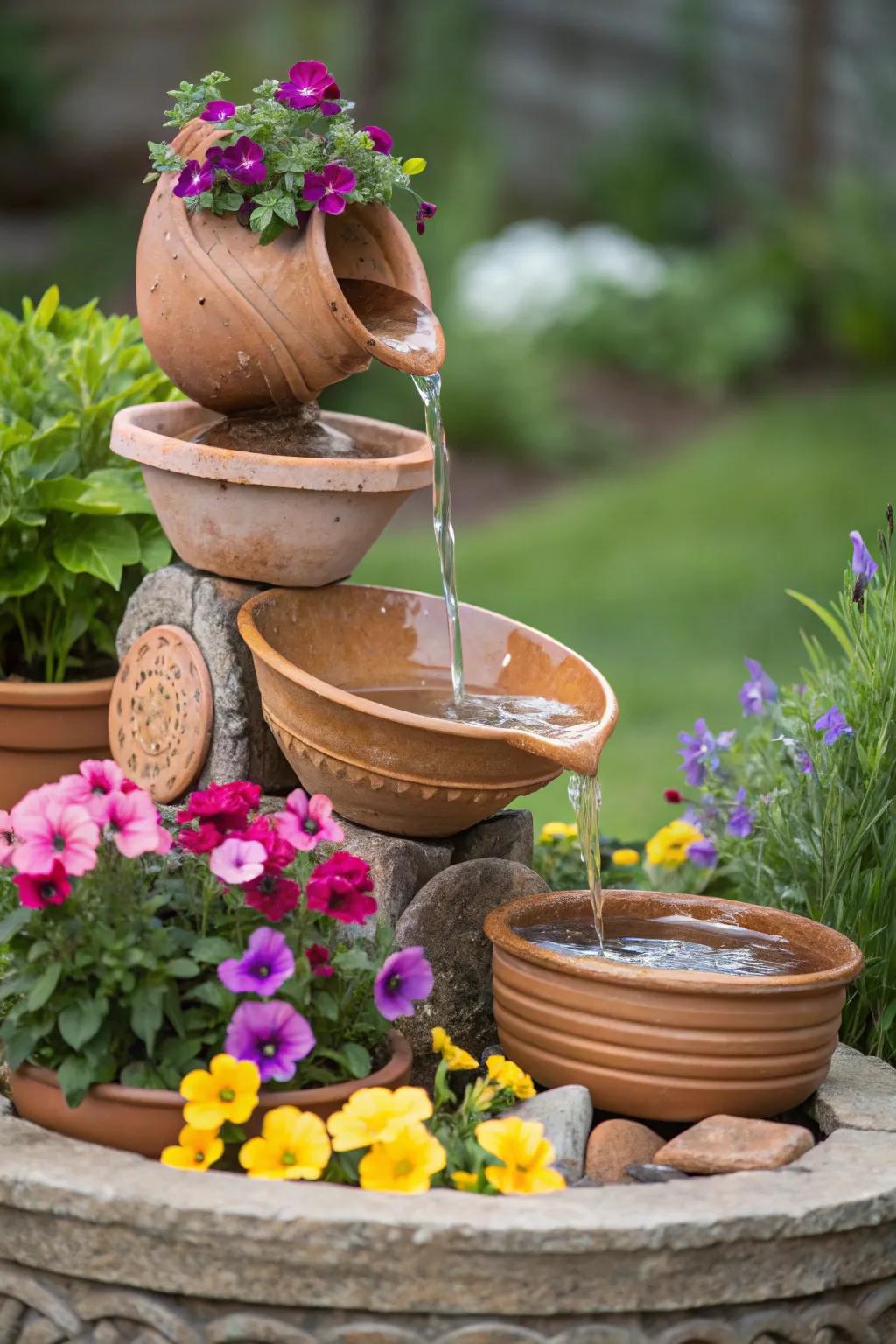 Bowls and pots make for a charming and eco-friendly fountain.