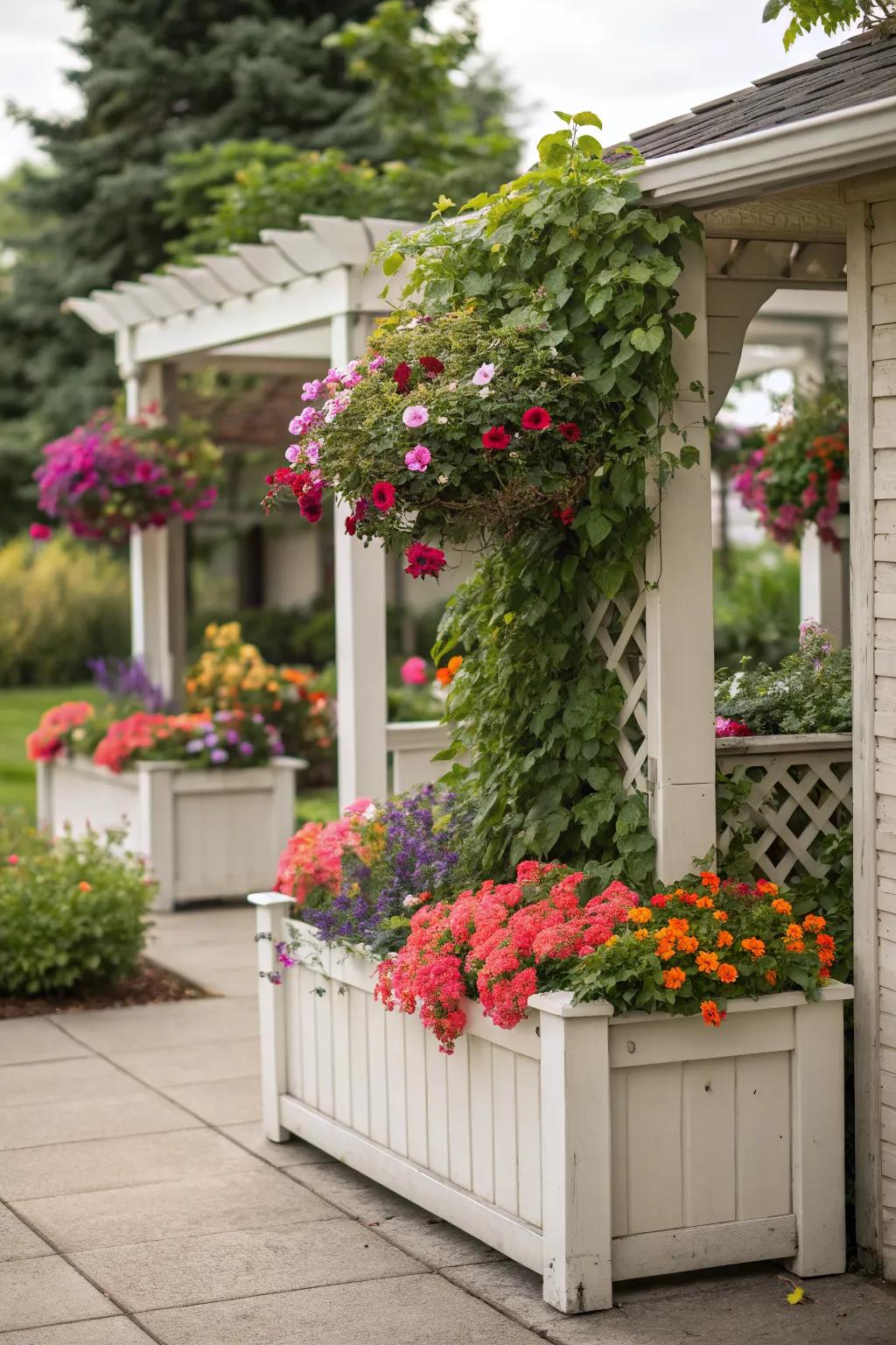 Built-in planters bring color and life to a corner pergola.