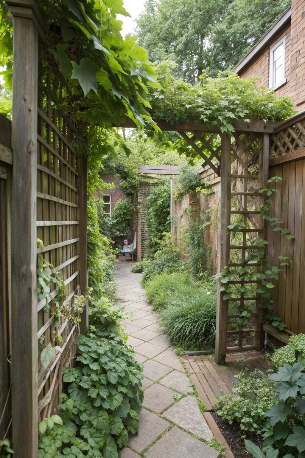 Trellises enhance privacy in a small courtyard garden.