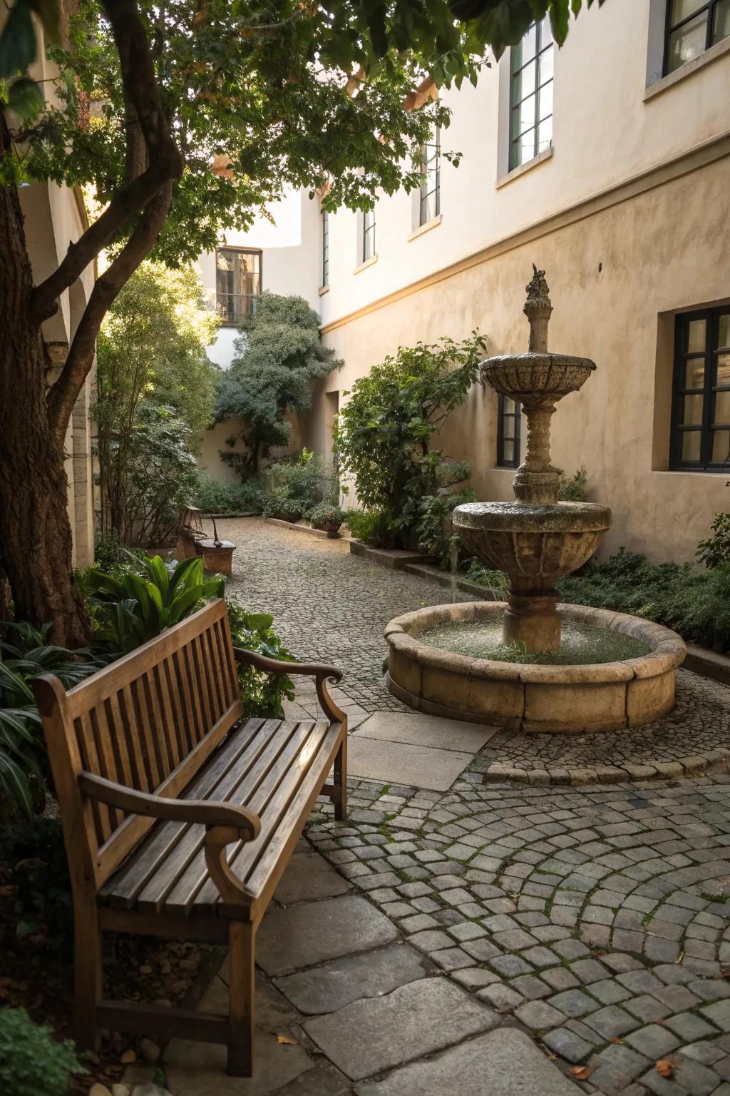 A cozy bench offers a perfect spot to relax beside the courtyard fountain.