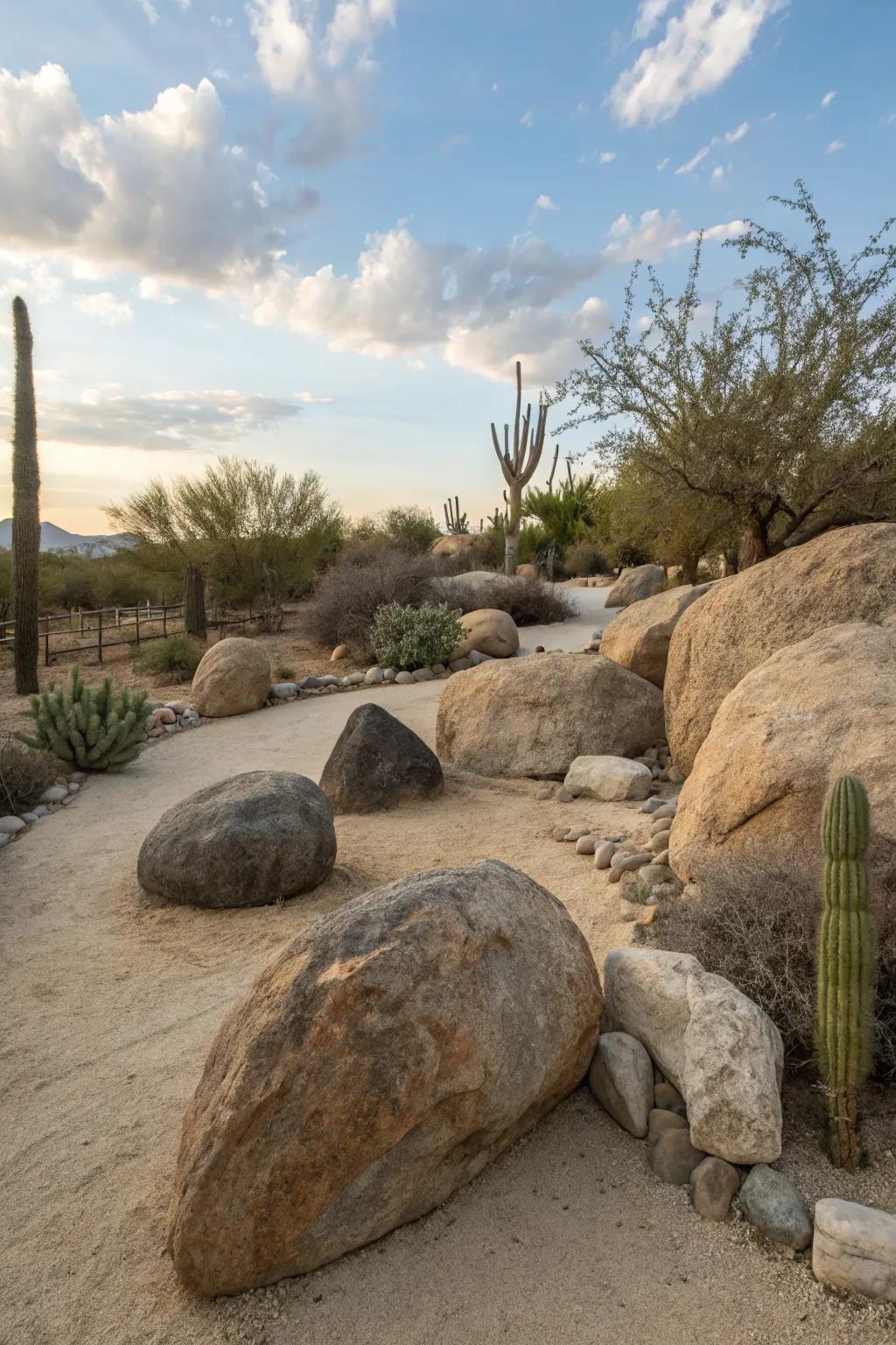 Boulders add dimension and function to a desert garden.