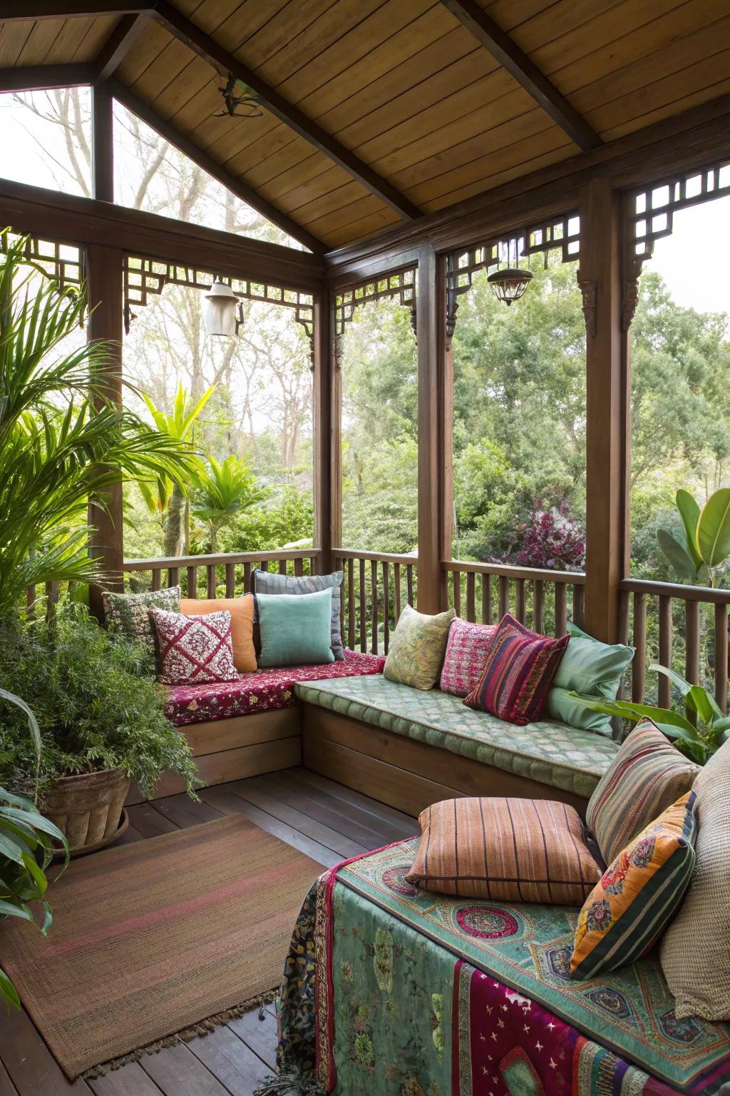 Vibrant pillows add personality to a small porch.