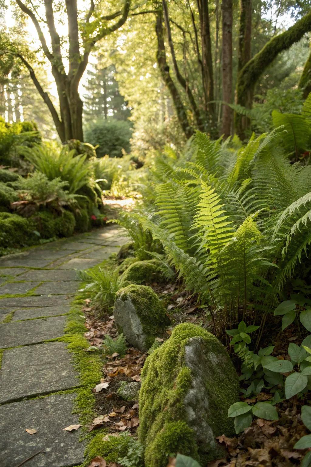 Ferns thriving in a cool, shaded garden spot.