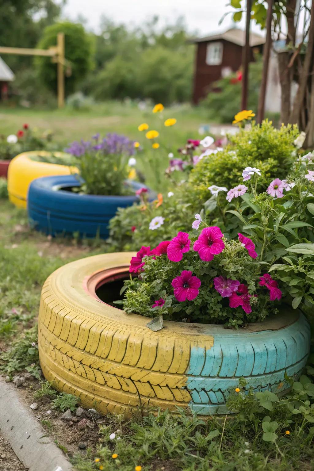 A creative and eco-friendly planter made from a recycled tire.