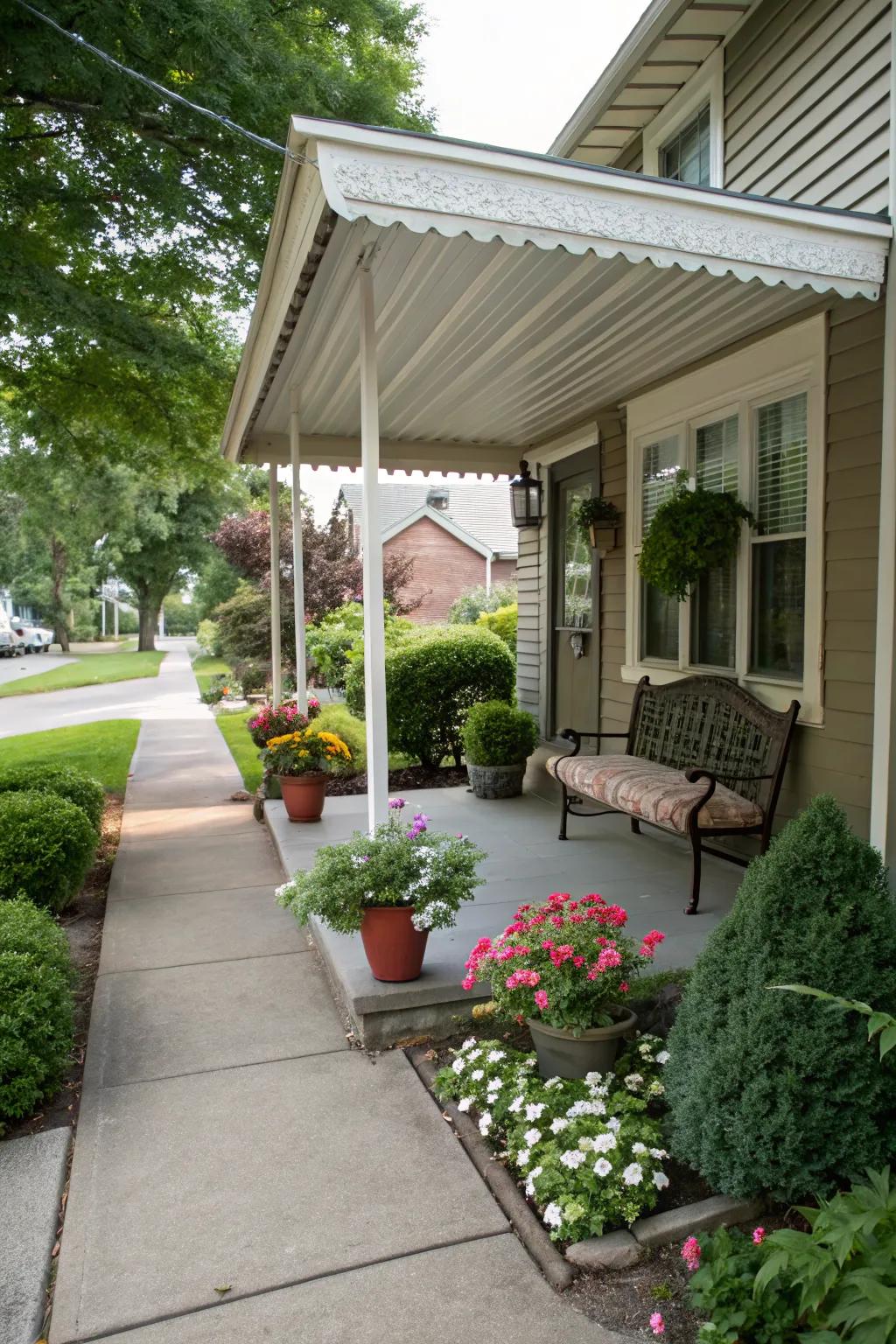Complementary landscaping enhances the beauty of the awning.