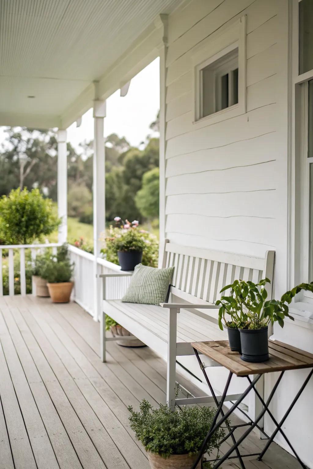 Minimalist decor offers a sleek, modern porch aesthetic.