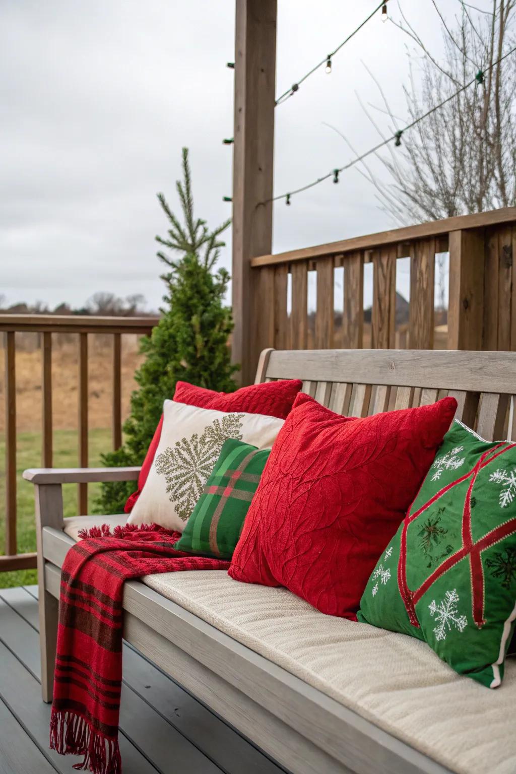 Holiday pillows add comfort and cheer to your porch seating.