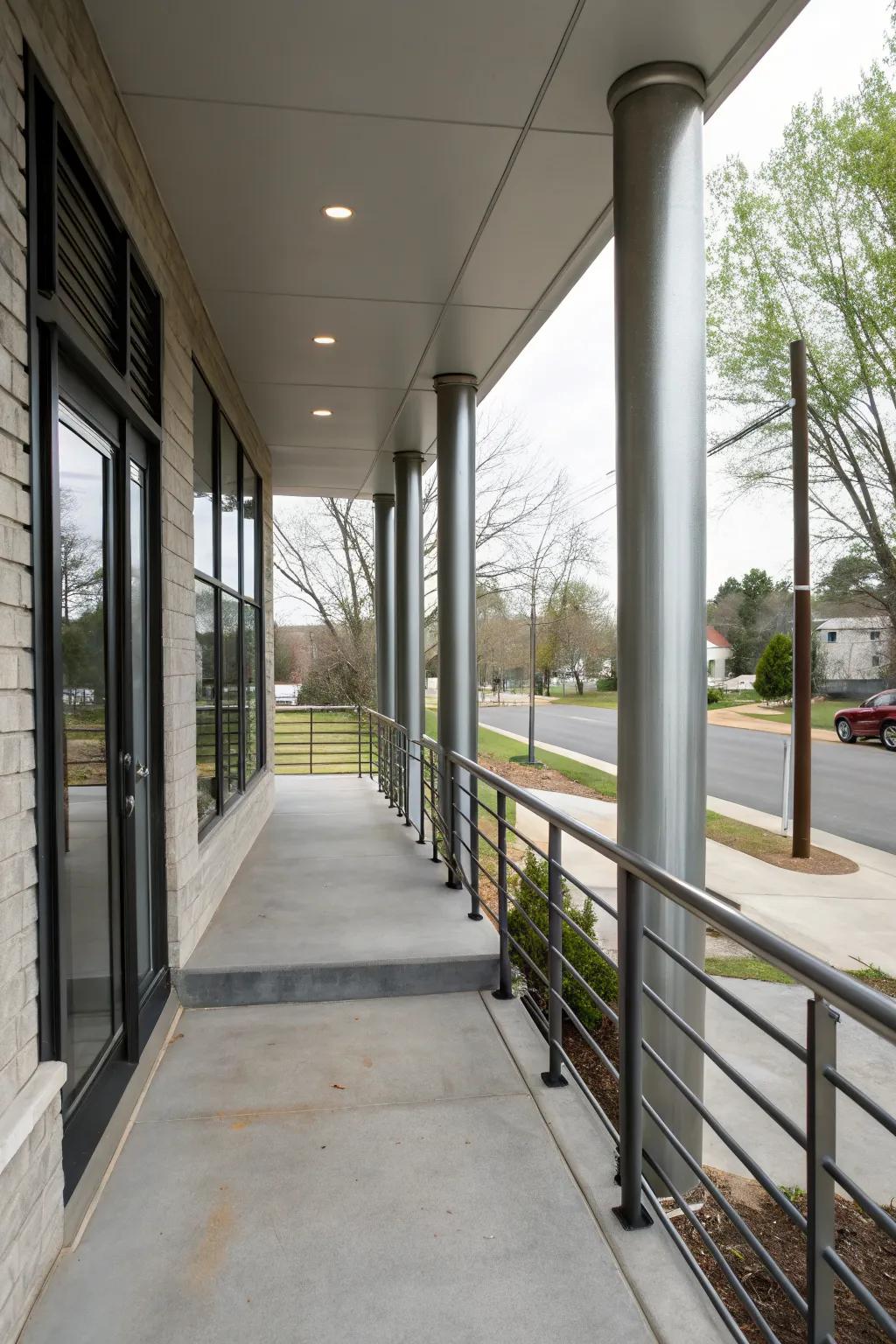 Sleek metal columns add an industrial edge to this minimalist porch.