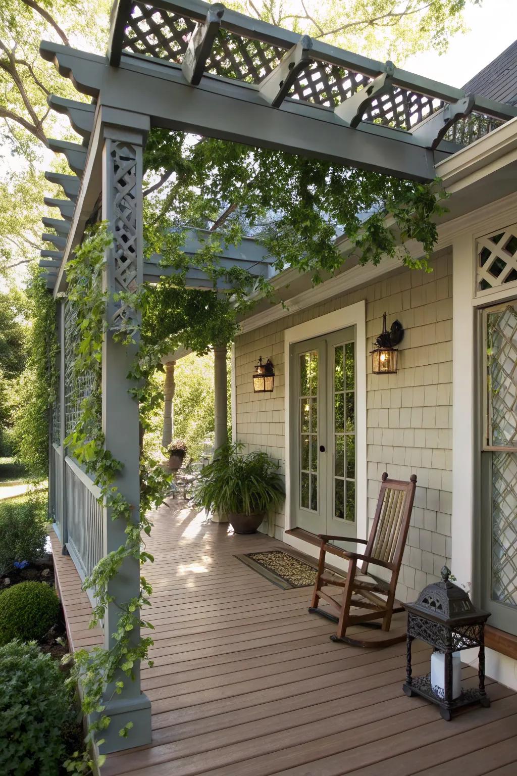 Pergola overhang adding artistic elegance.