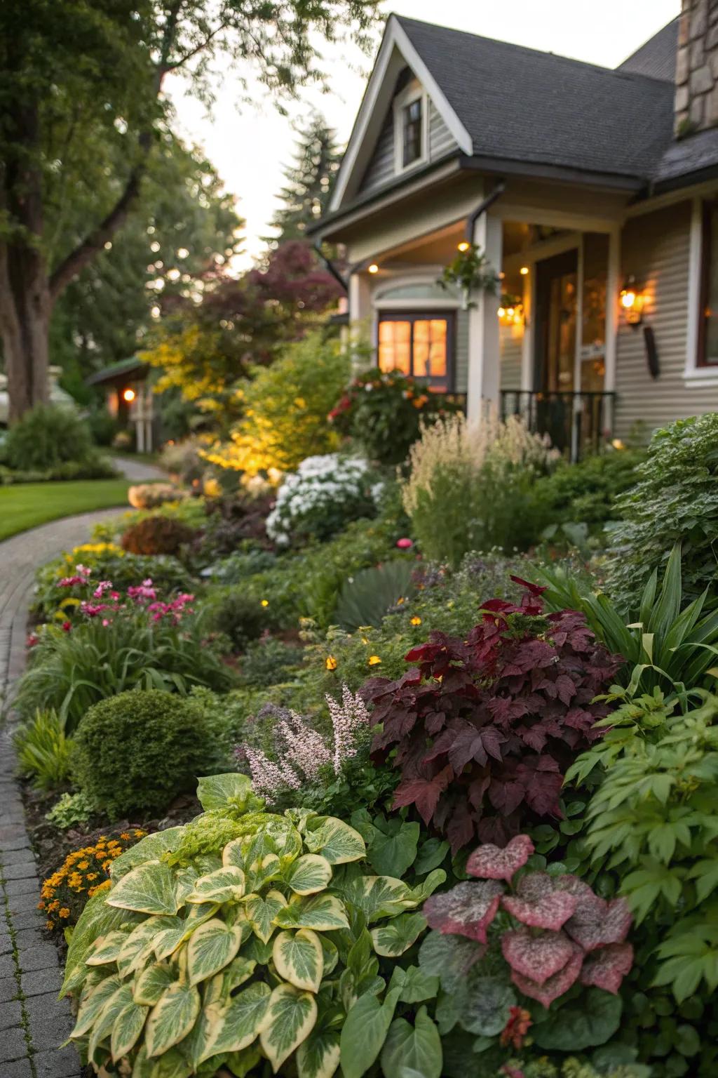 Diverse foliage textures add depth to this enchanting cottage garden.