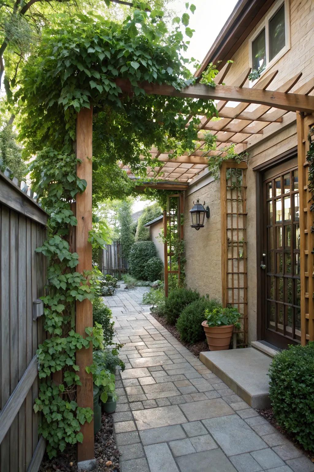 Climbing plants add vertical interest and fragrance.