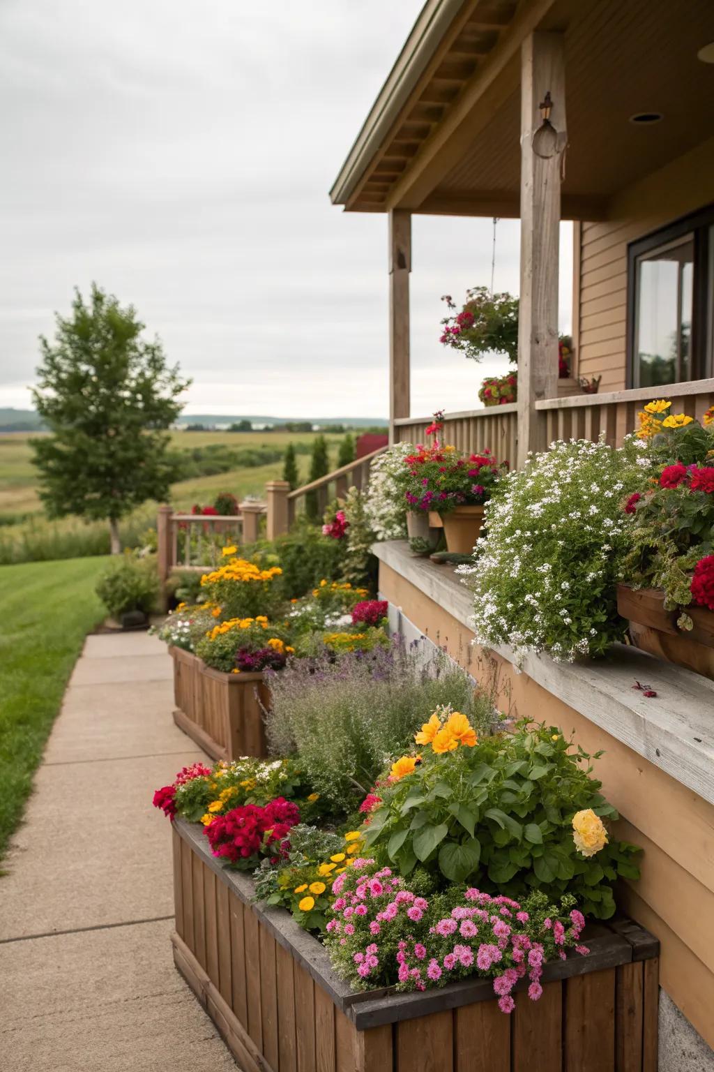 Integrated porch planters create a seamless transition from house to garden.