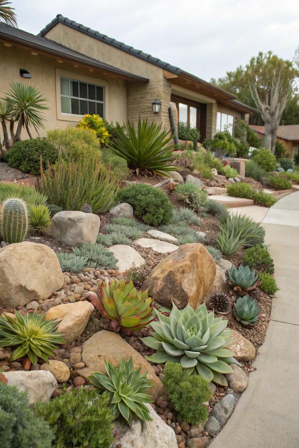 Succulents and drought-resistant plants thrive in rock landscapes.