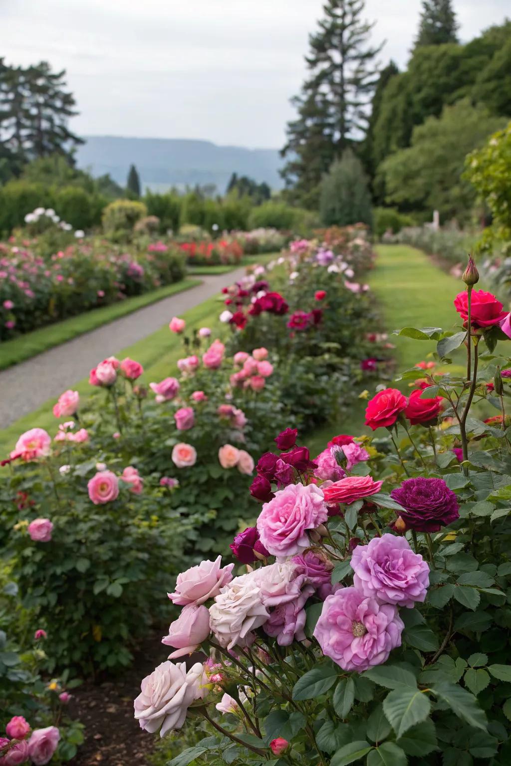 A garden showcasing a harmonious mix of complementary rose colors.