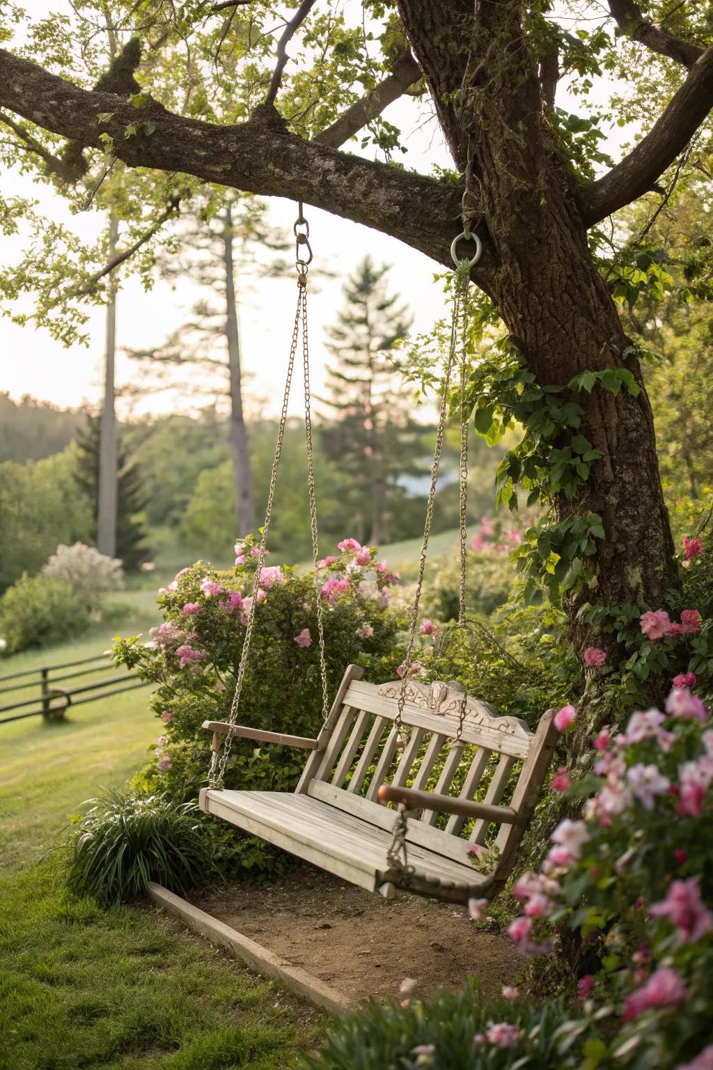 Charming swing bench inviting you to relax under the trees.