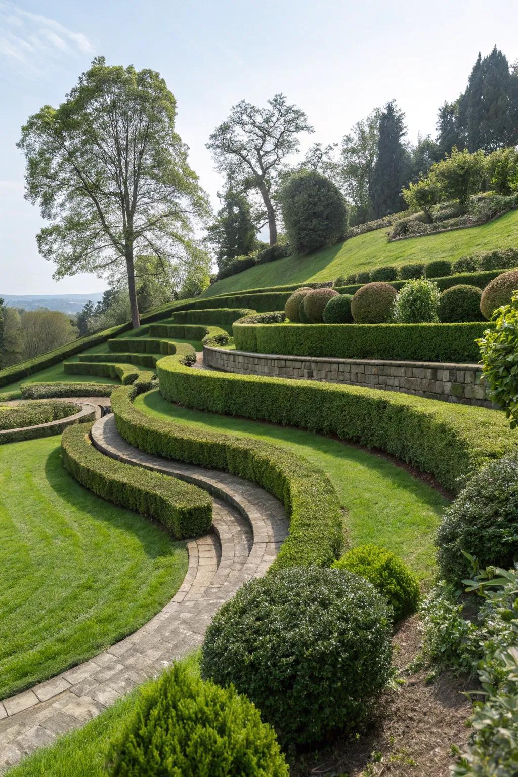 Terraced circular lawns add dimension to a sloped garden.