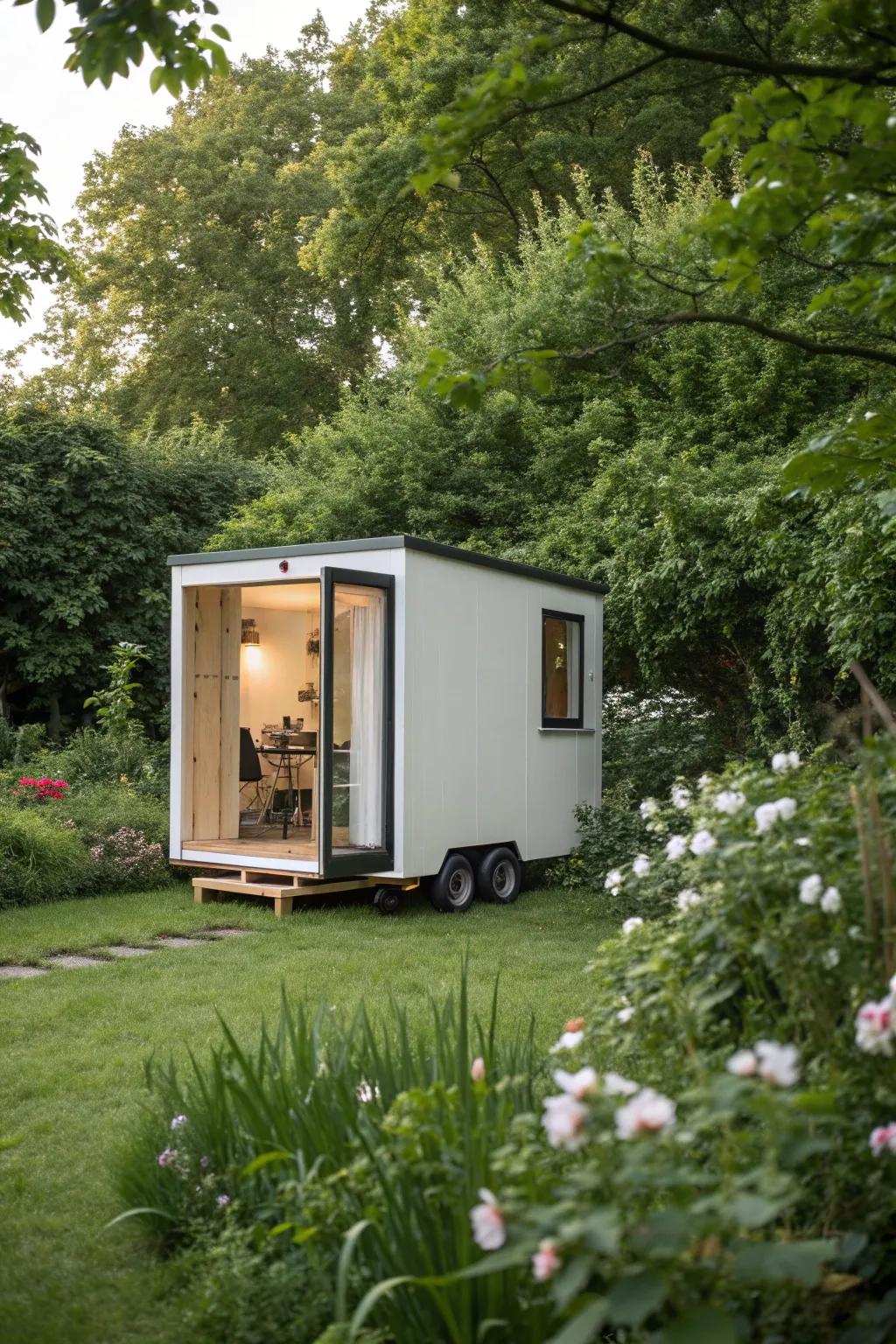 A mobile office pod offers flexibility and adaptability.