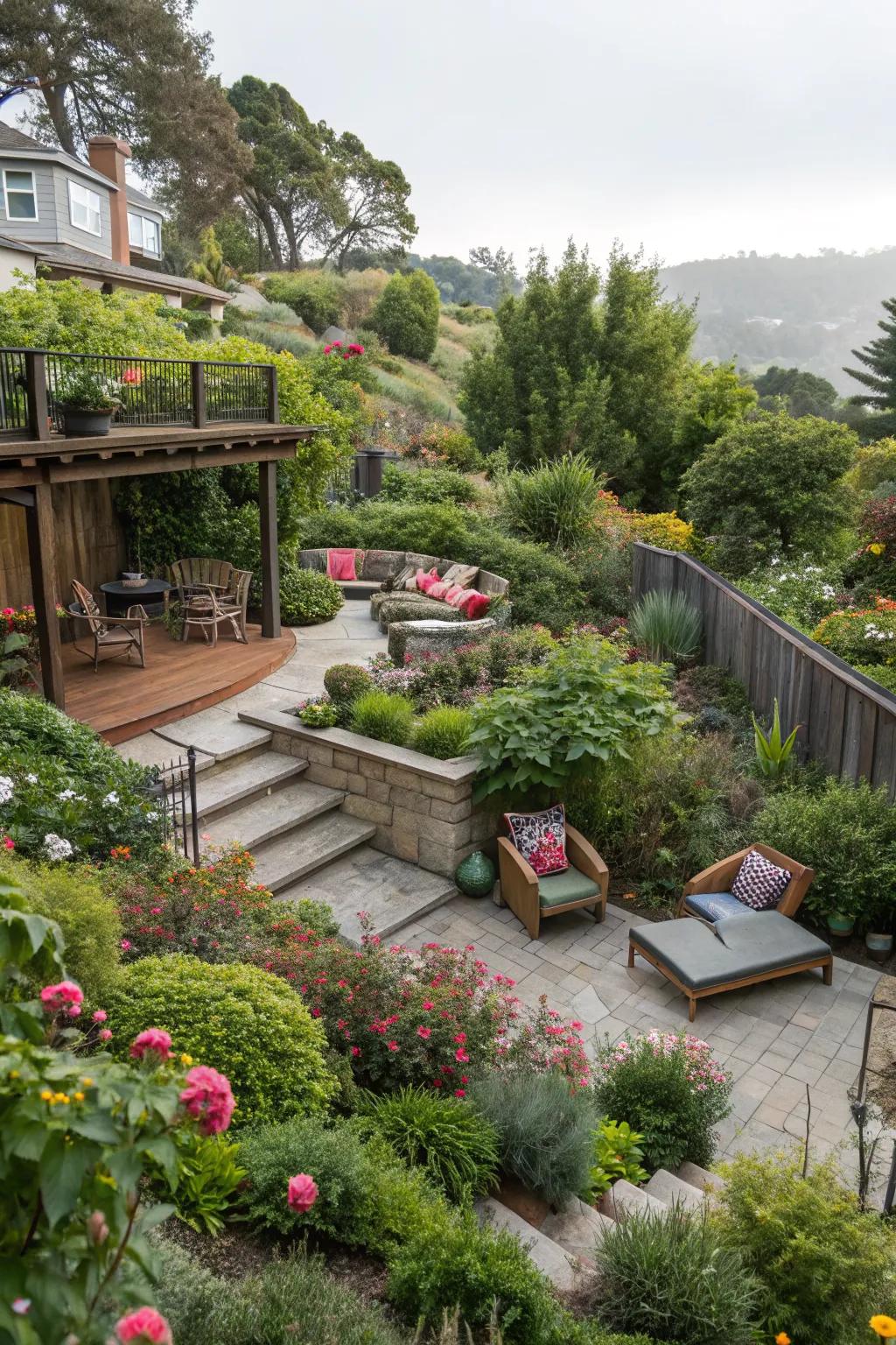 Multi-level designs add depth and interest to small gardens.
