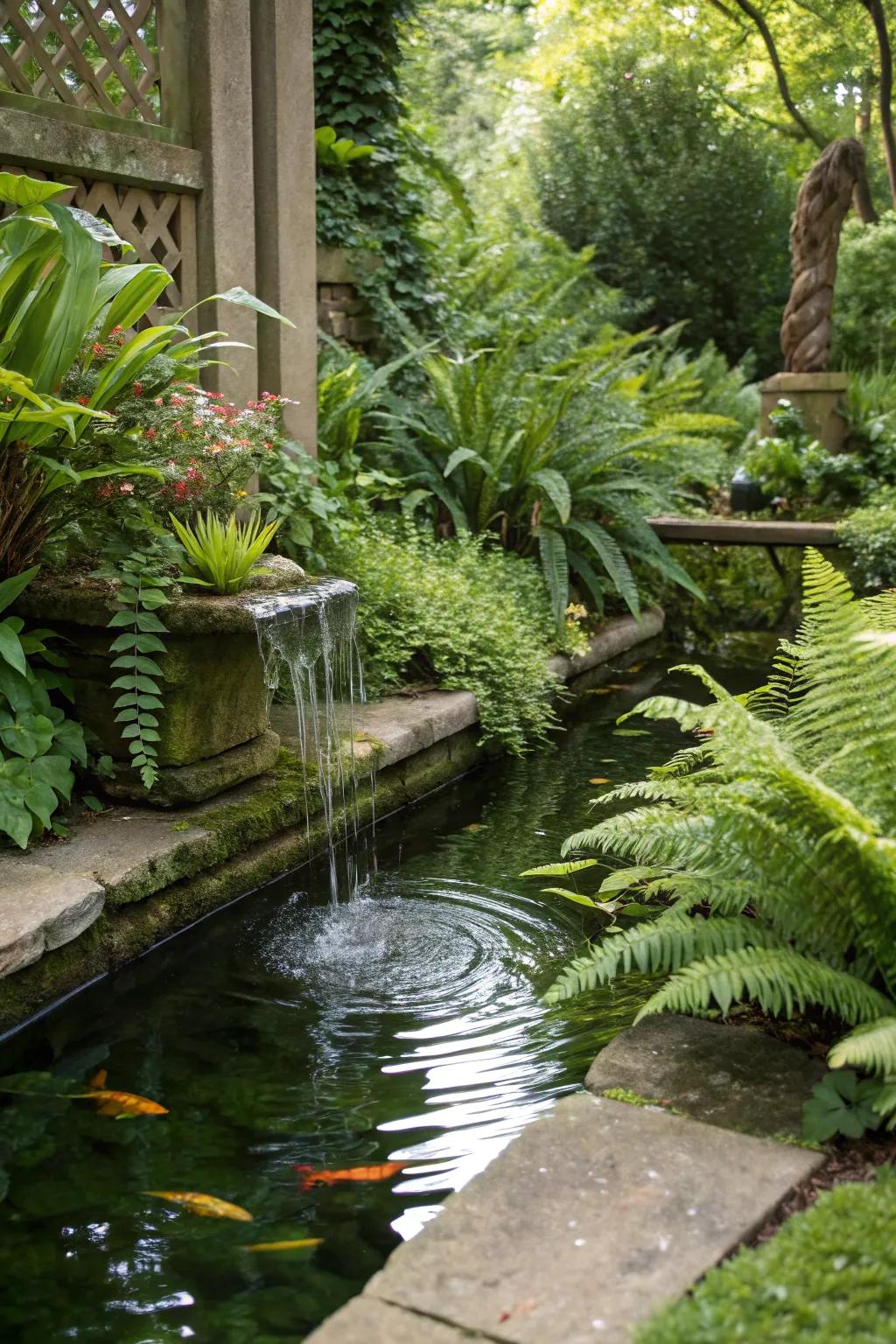 Entwine water features with greenery for a natural look.