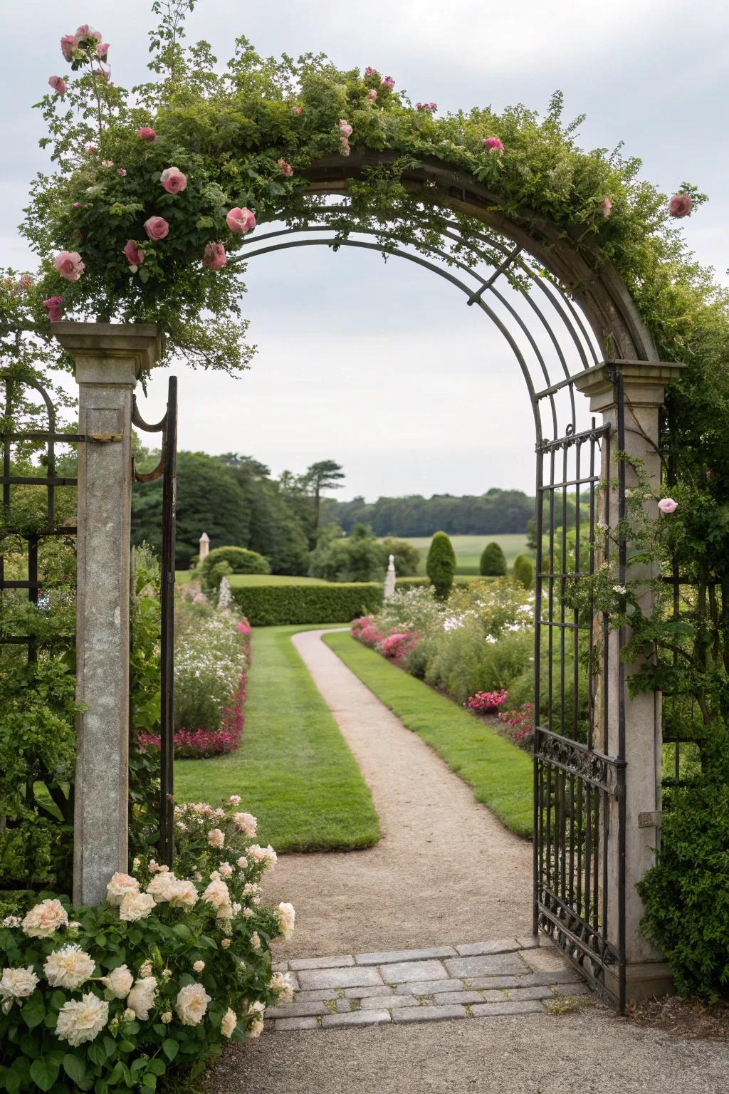 An arched gate for an enchanting garden entrance.