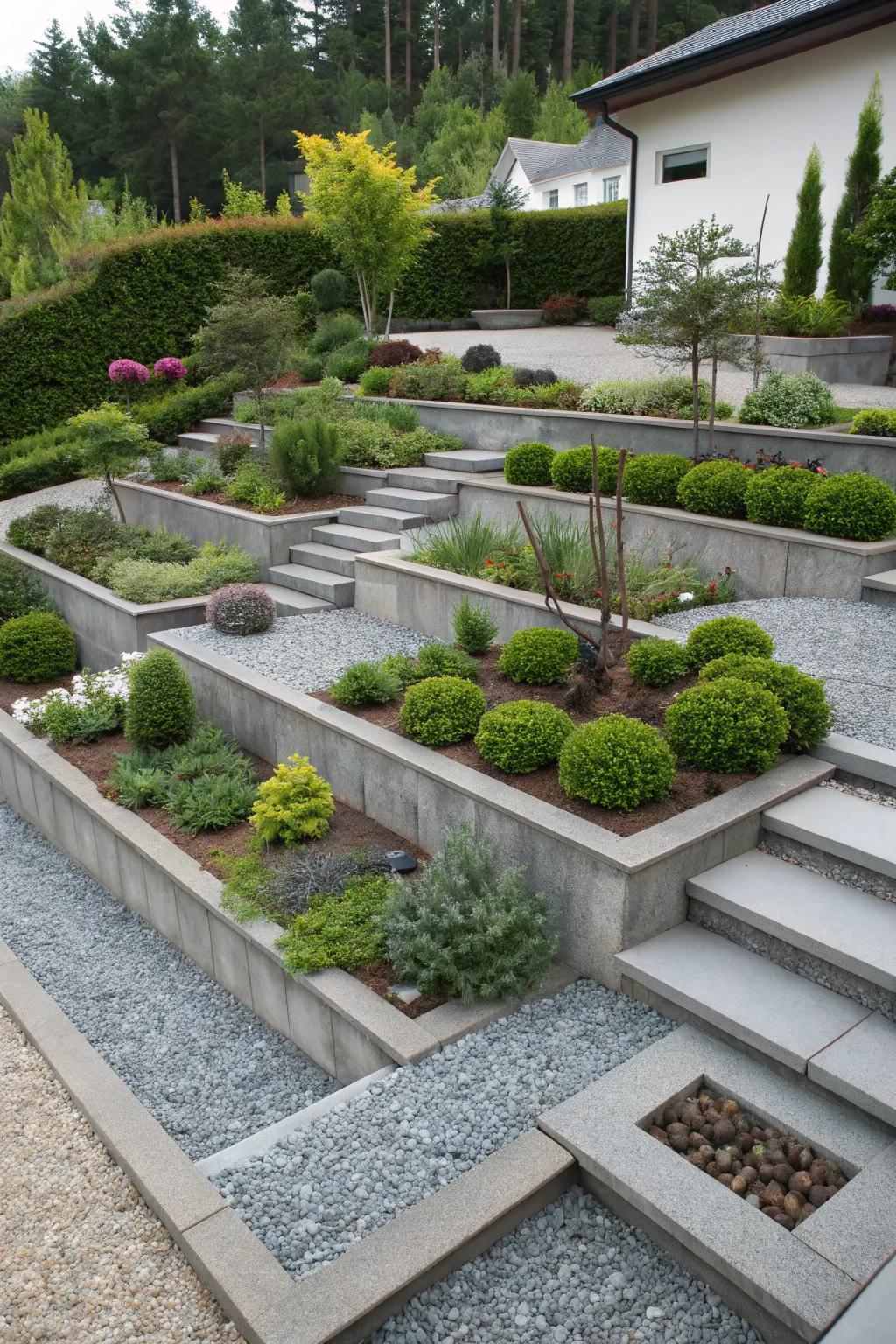 Layering gravel levels adds dimension to small gardens.