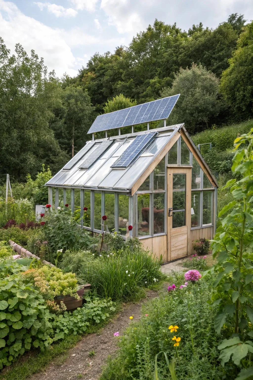 A sustainable small greenhouse powered by solar energy.