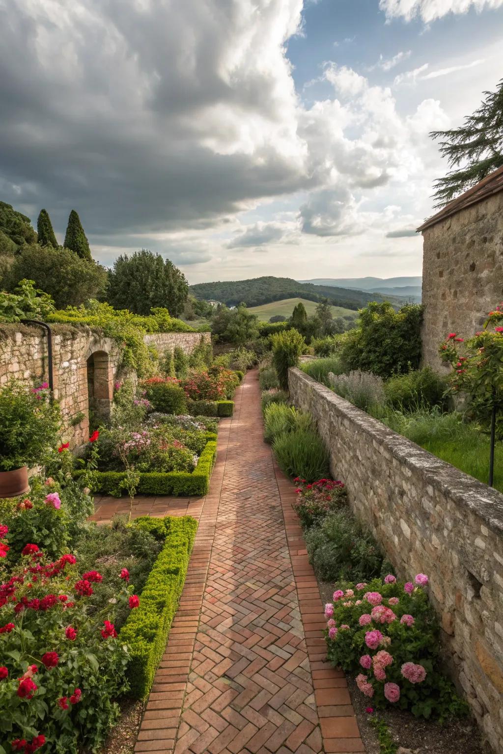 Stone walls and brick flooring add rustic charm to the garden.