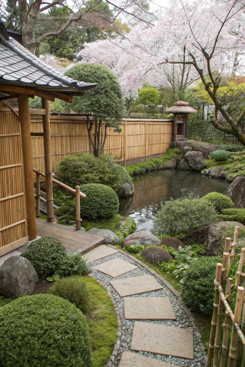 Bamboo adds a natural and elegant touch, enhancing the garden's aesthetic.