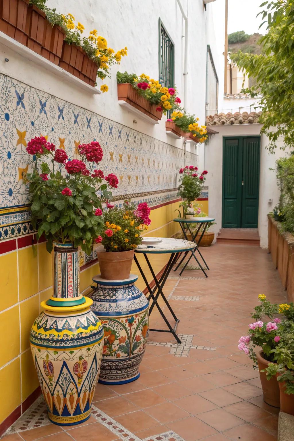 Ceramic decor adding charm to a small Mediterranean patio.