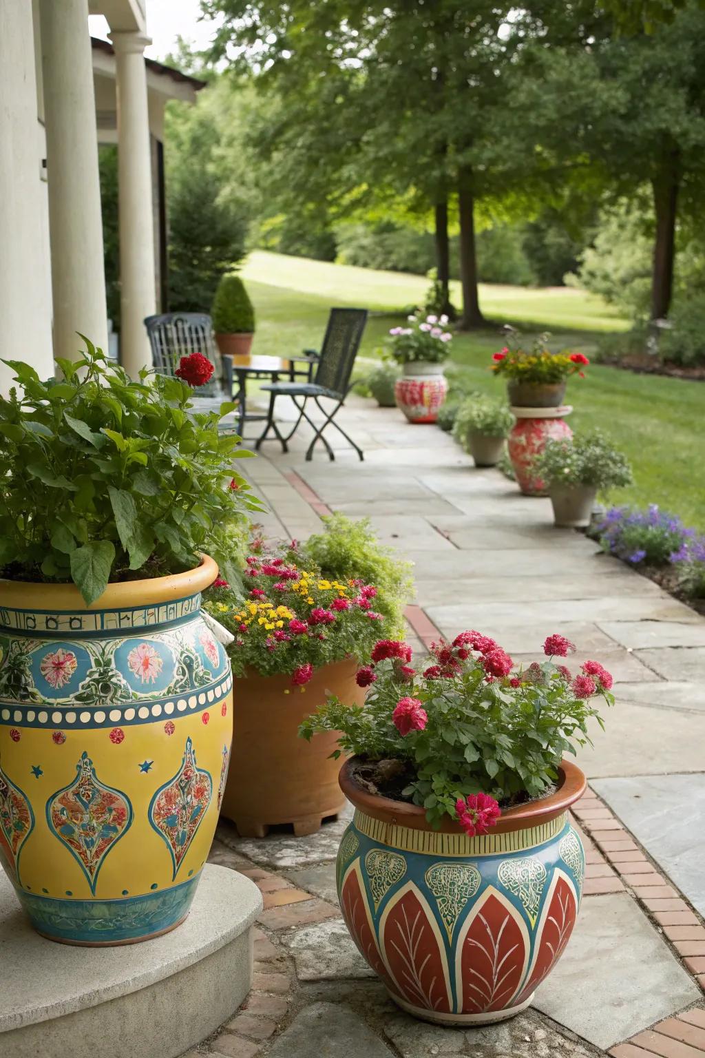 Outdoor accessories like pottery add decorative flair.