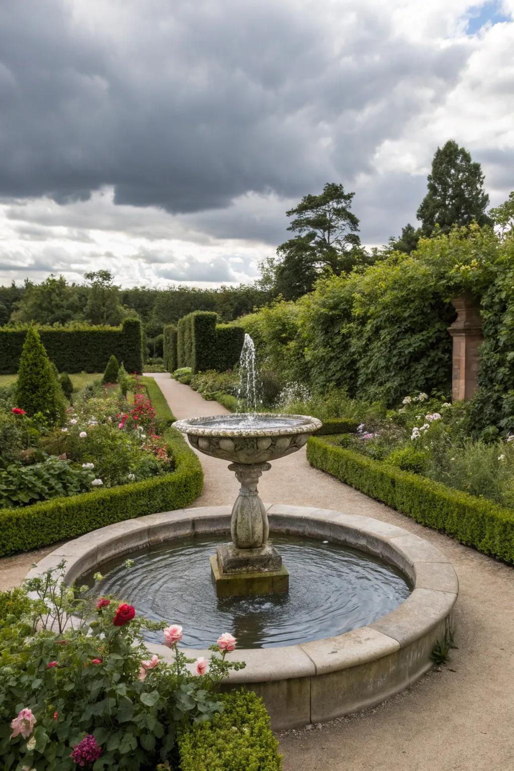 A peaceful water feature adds tranquility.