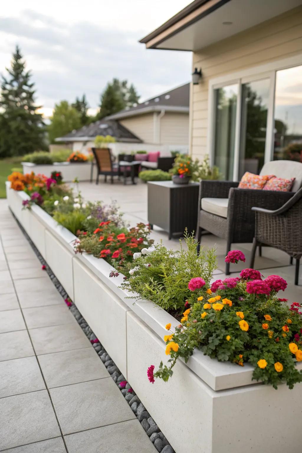 Built-in planters add style and greenery to a patio.