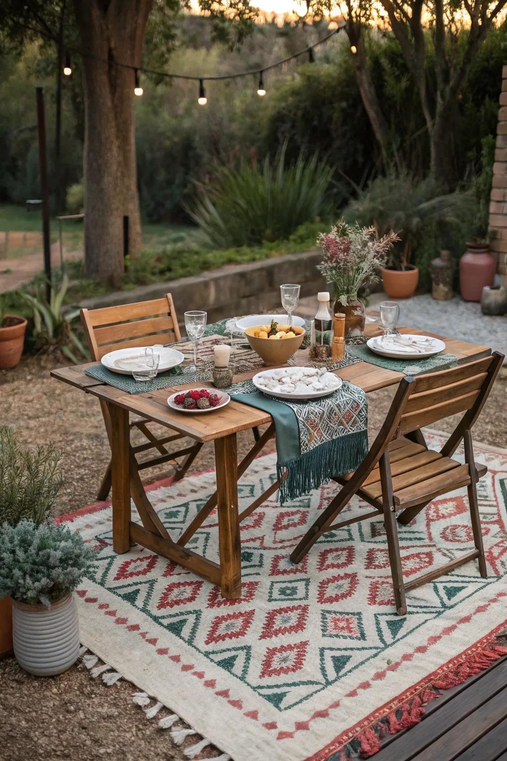 Weatherproof rugs define spaces and add cozy vibes to outdoor settings.