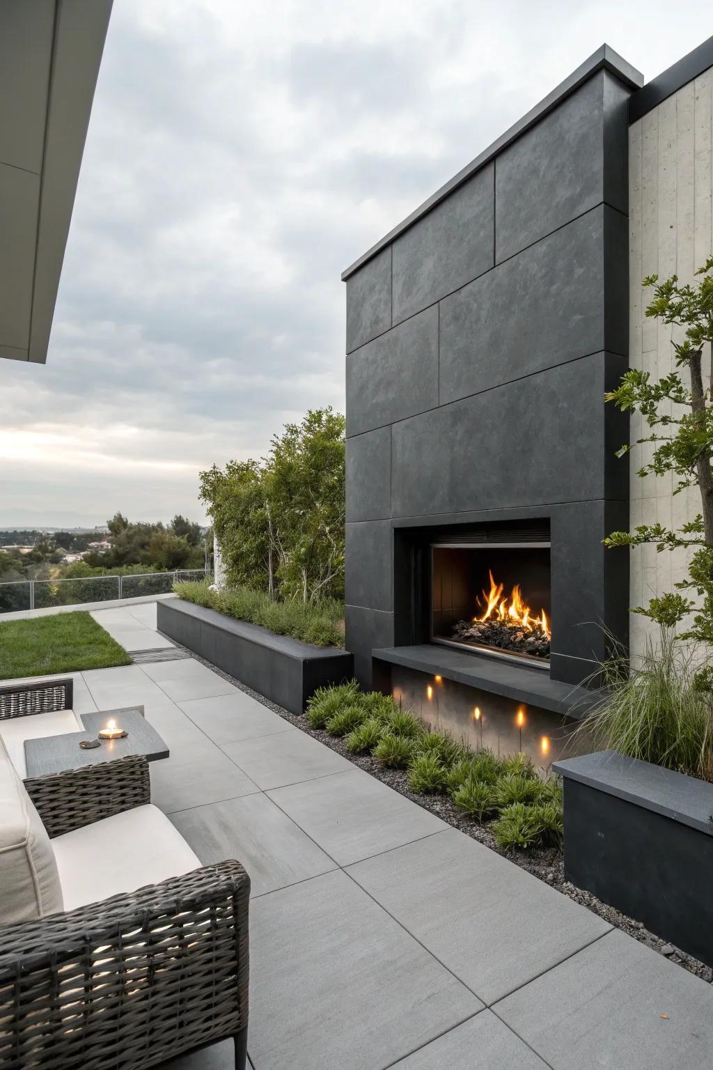 A built-in wall fireplace offers a sleek and modern look.