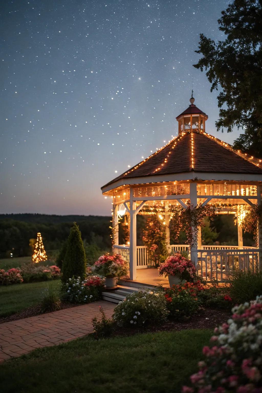 An evening retreat pavilion illuminated with fairy lights.