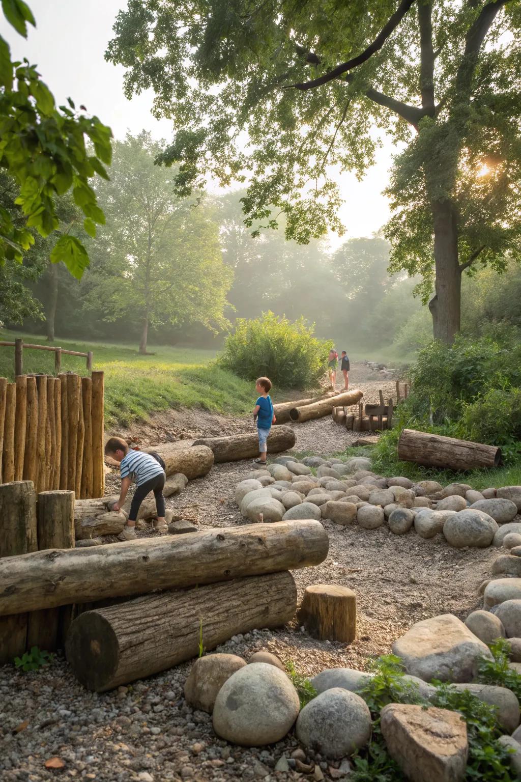 Natural elements add charm and fun to play areas.