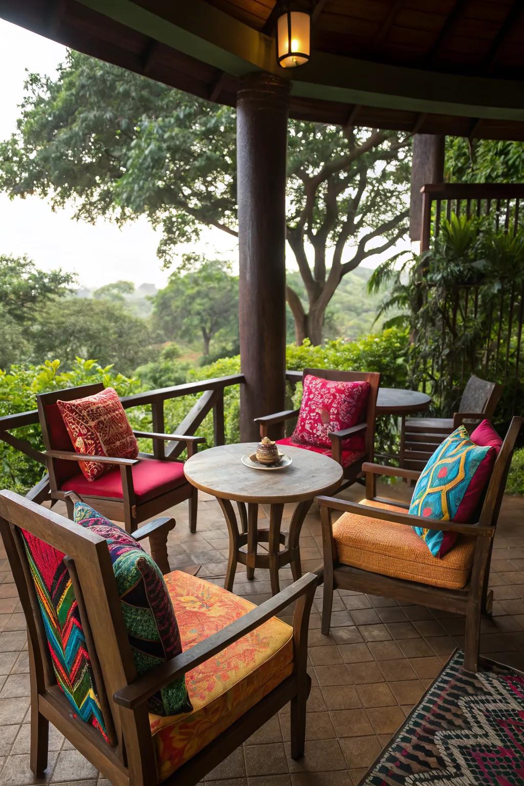 Colorful cushions add personality to outdoor spaces.