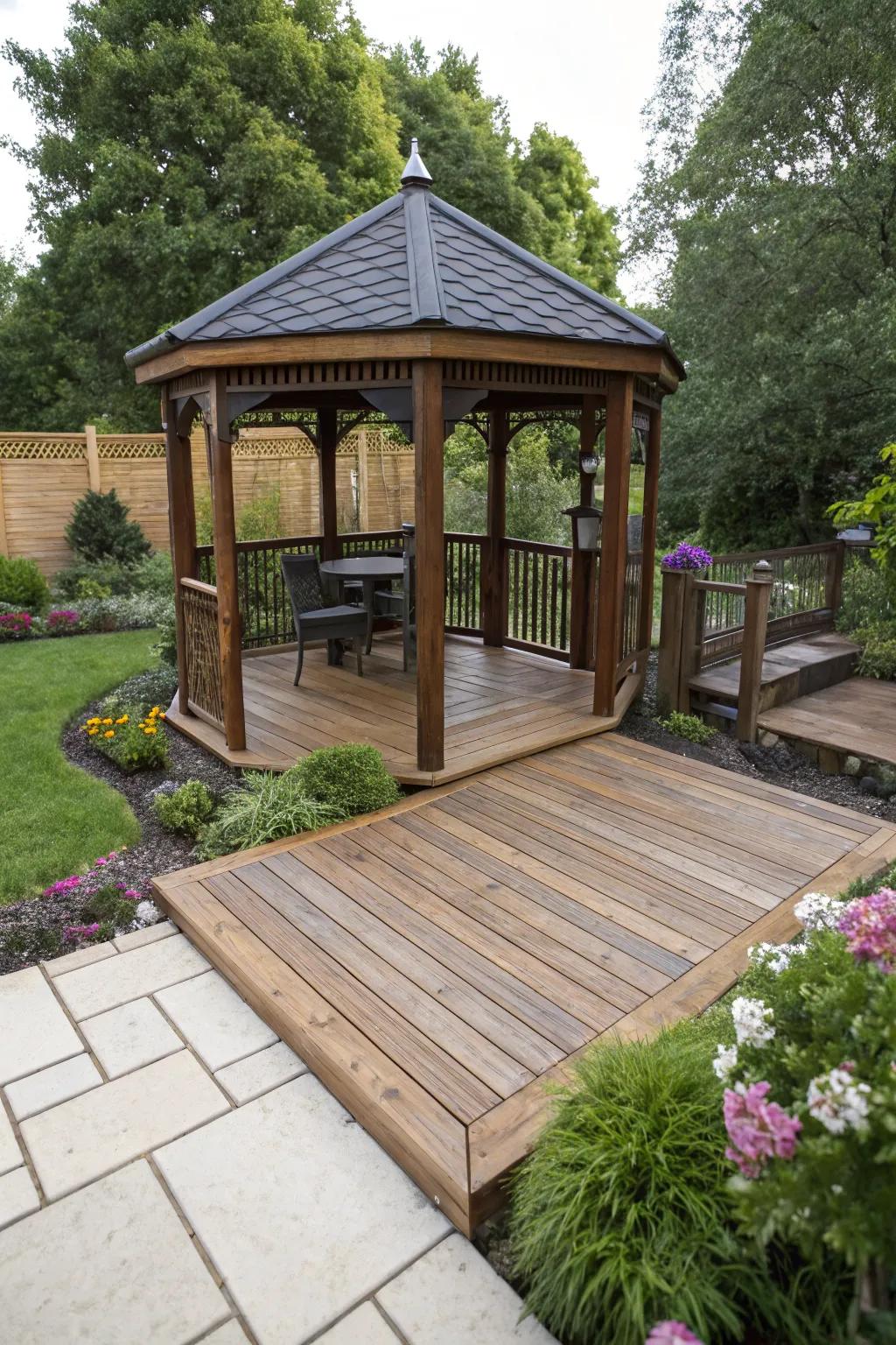 Stylish outdoor flooring complementing a small patio gazebo.