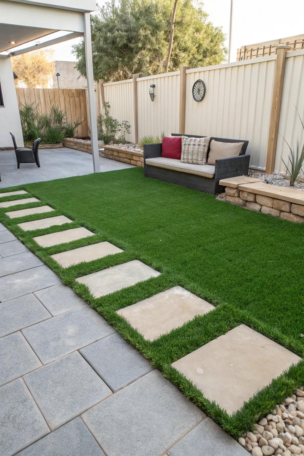 A structured pathway with stepping stones and grass.