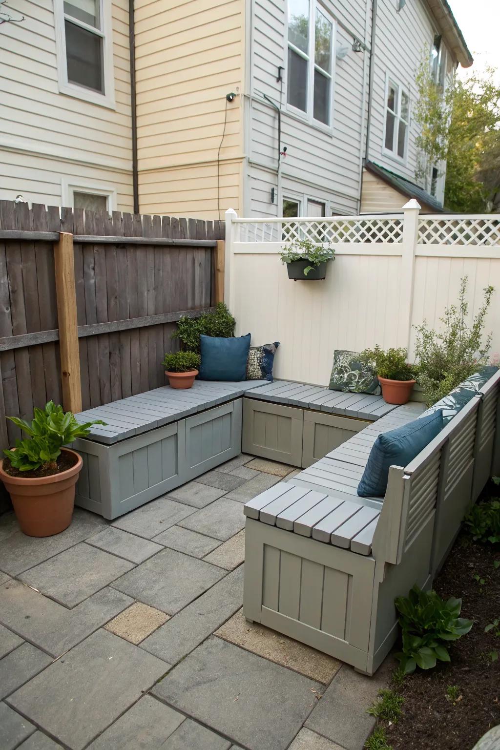 Smart multi-purpose benches enhancing a small patio kitchen.