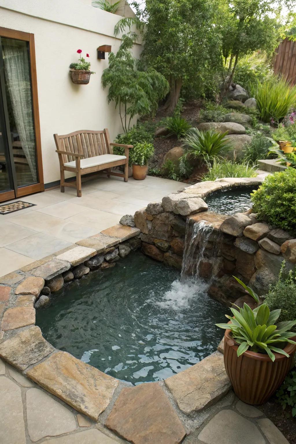 A mini waterfall adds a soothing touch to a small patio pool.
