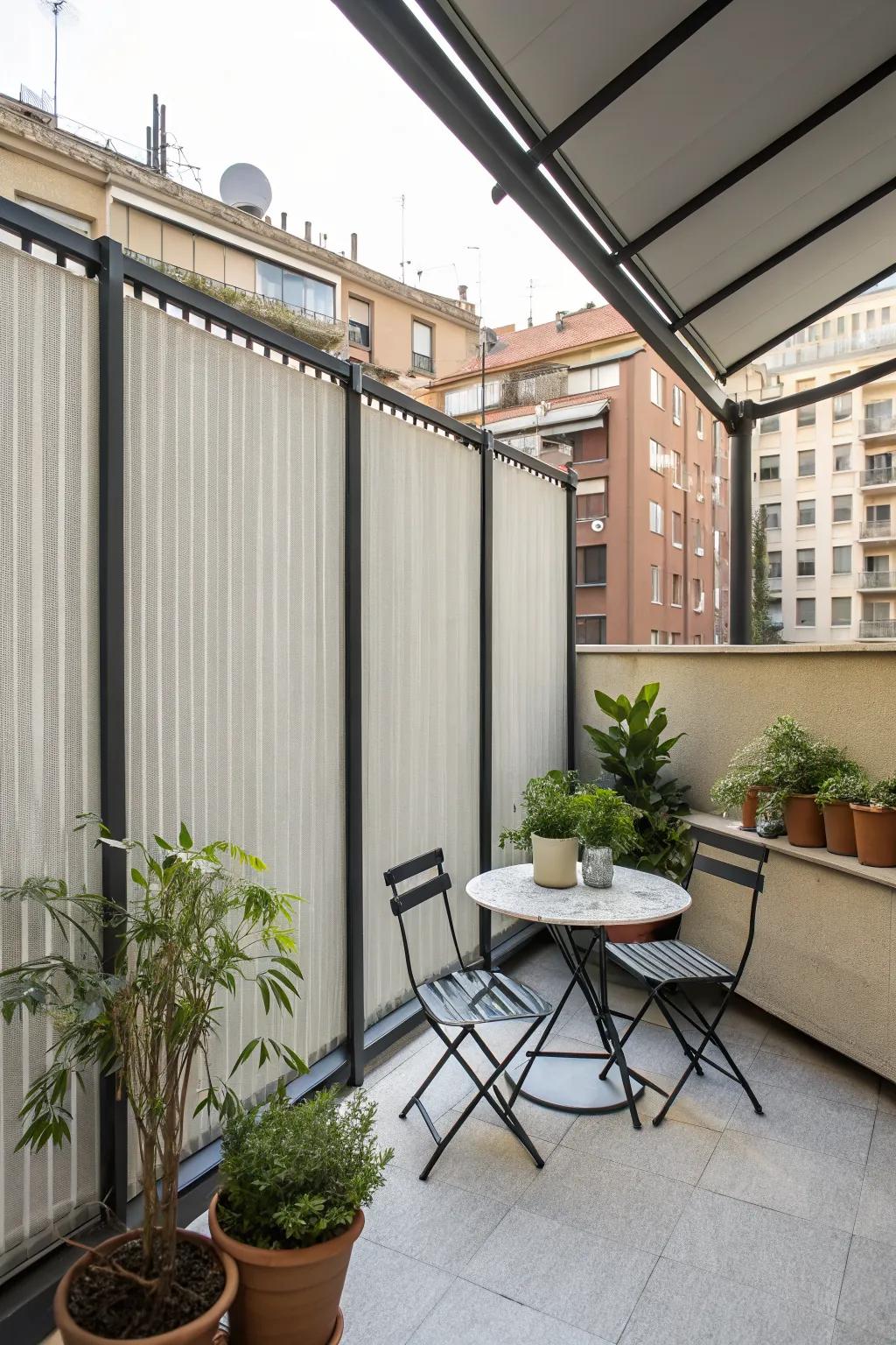 Vertical shade panels offer privacy and shade in small spaces.
